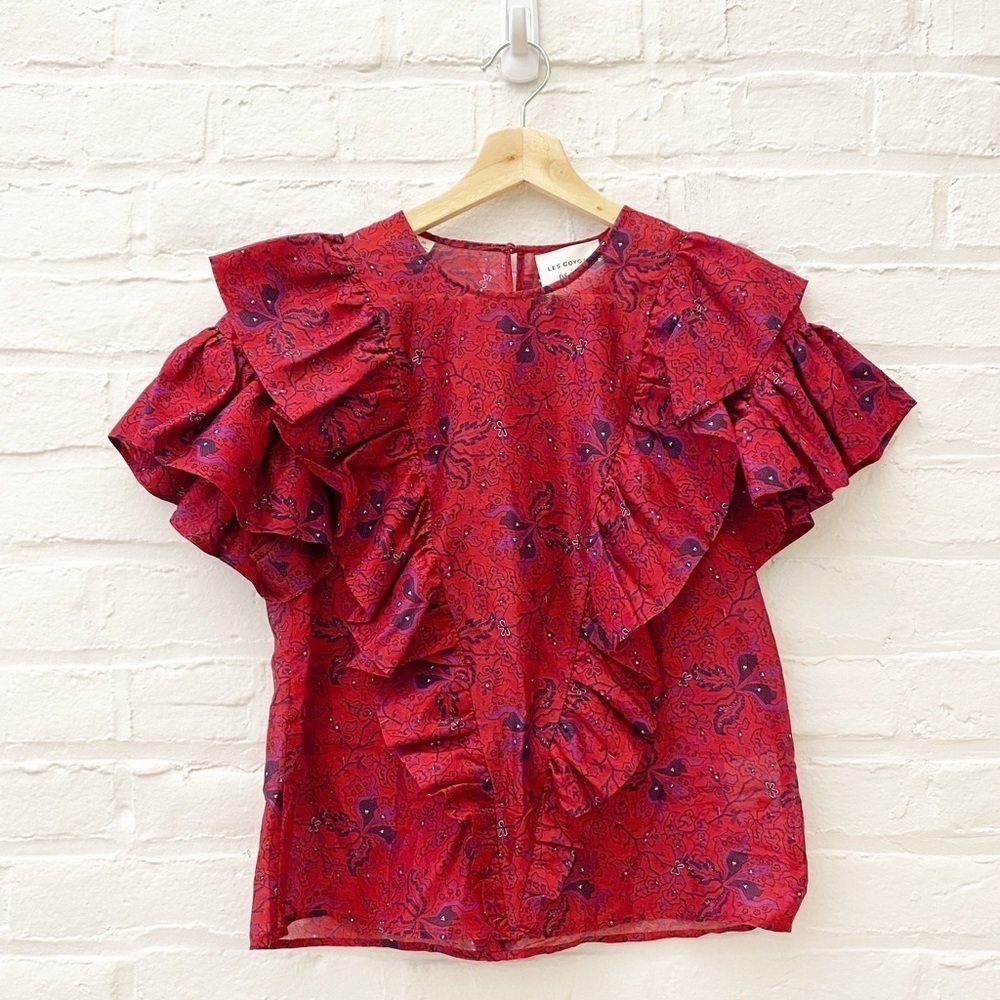 Les coyotes de Paris || Tina Ruffle Floral Silk Blend Top‎ Red Pink 36